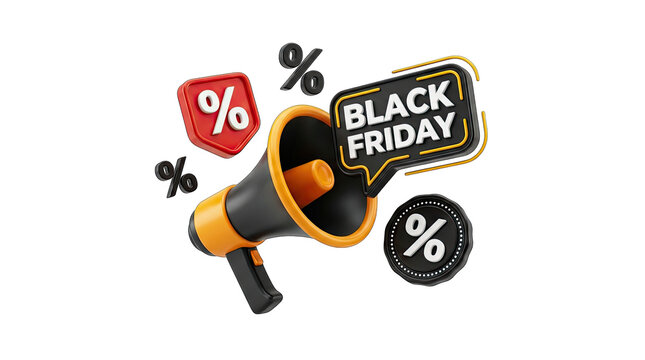 Announcing incredible black friday deals with a megaphone percentage signs and a vibrant design isolated on transparent background