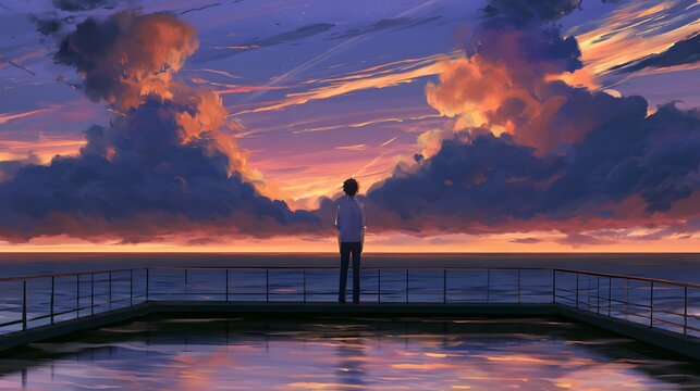 Anime boy standing on pier looking at ocean sunset with clouds
