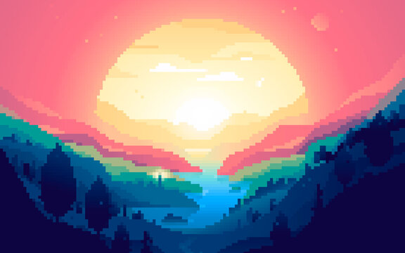 Pixel art sunset landscape with glowing sun and river