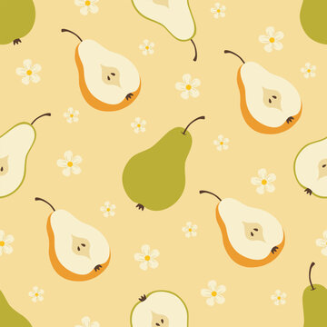 Handdrawn pear fruit and blossom seamless pattern with whole and sliced fruits