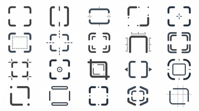 Rounded corner bracket icon set featuring interface frame markers, alignment guides, minimalist UI vector elements.