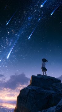 Anime girl standing on rocky cliff under cosmic night sky with stars