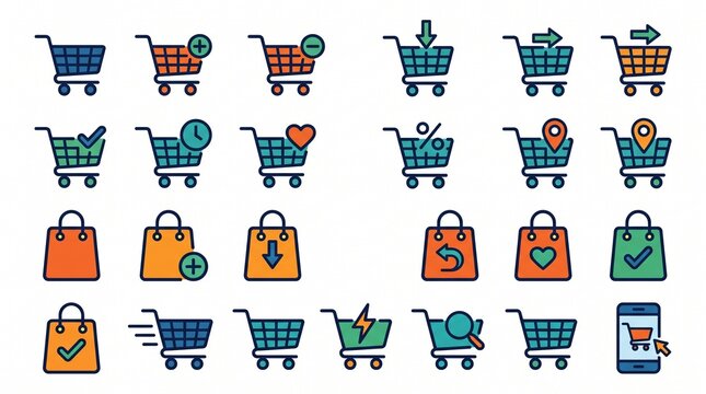 Shopping cart icon set with bag and arrow symbols, representing add-to-cart actions, ecommerce functionality, vector styles.