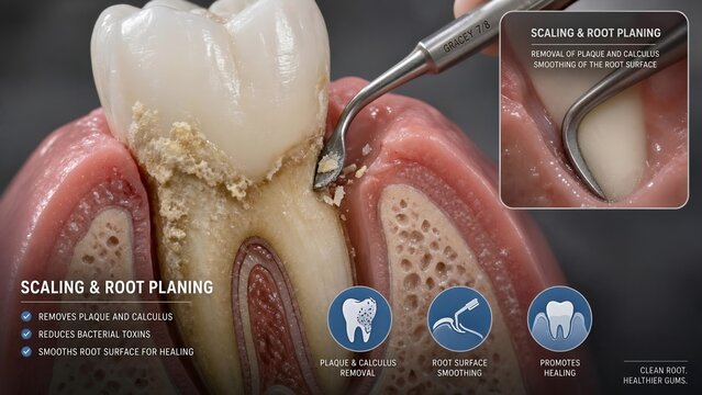 3d medical illustration of tooth and gingiva model showing scaling and root planing to remove plaque and calculus, smooth root surfaces, and a zoomed inset of curette cleaning periodontal pockets