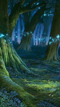 Enchanted forest with glowing blue spirits and mossy trees