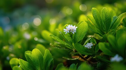 Fototapeta premium Lush green leaves with delicate white flowers and sunlit bokeh. Perfect for nature themes, tranquil backgrounds, or wellness content.
