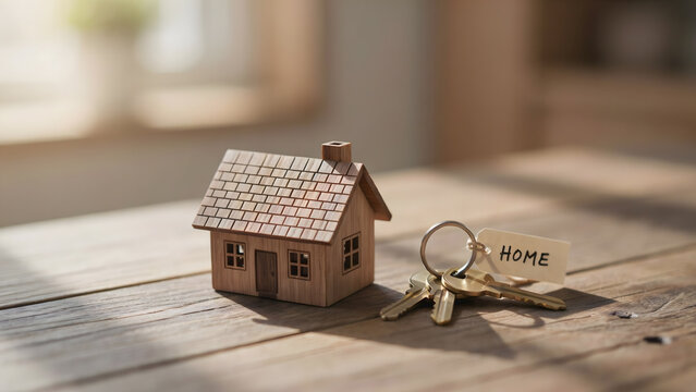 Miniature wooden house with home keys on a rustic table symbolizing real estate dreams.