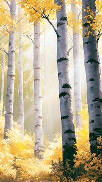Birch forest with golden autumn leaves in misty morning light