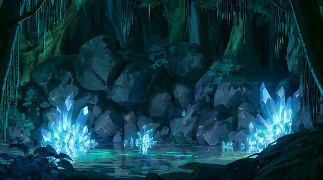 Hidden forest cavern with glowing blue crystals and underground pool