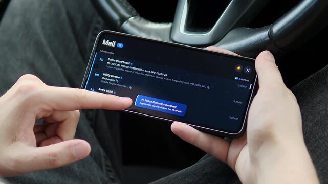 Person receives a digital police summons by email on a smartphone, highlighting electronic legal notices, official communication, civic obligations and mobile government services.