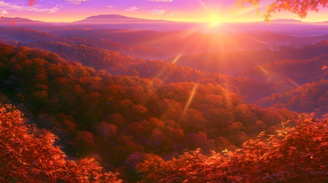 Autumn forest landscape with red trees under sunset sun rays