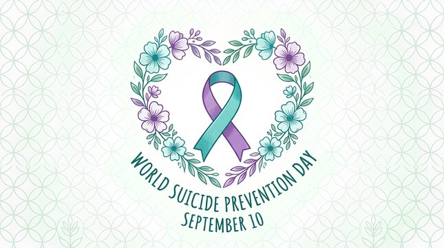 World Suicide Prevention Day banner with teal and purple ribbon wreath.
