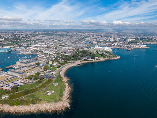 Fototapeta premium Aerial view of Plymouth City with its historic naval dockyard and estuary