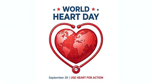 World Heart Day illustration with a red heart-shaped earth globe and a stethoscope.