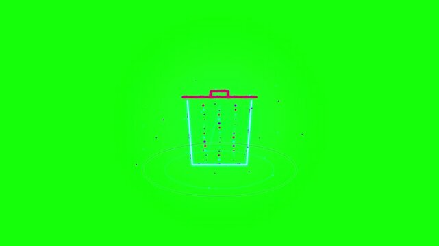 Animated digital trash can icon with data particle representation, ideal for motion graphic renders and illustrating deletion processes