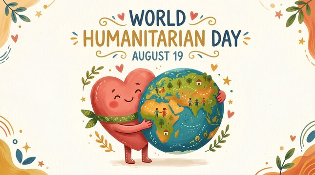World Humanitarian Day cartoon illustration of a heart character hugging a globe with floral accents.