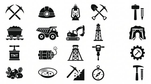 Mining tools icon collection featuring crossed pickaxes, hammers, excavation symbols, industrial equipment silhouettes, monochrome vector set.