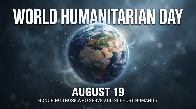 World Humanitarian Day poster featuring planet Earth in space on August 19.
