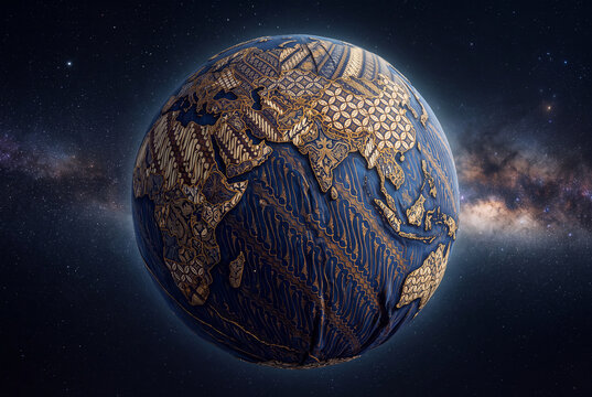 Planet Earth completely wrapped in traditional Indonesian batik fabric with parang kawung motifs, surreal cultural concept for Indonesian heritage brand and global cultural identity marketing