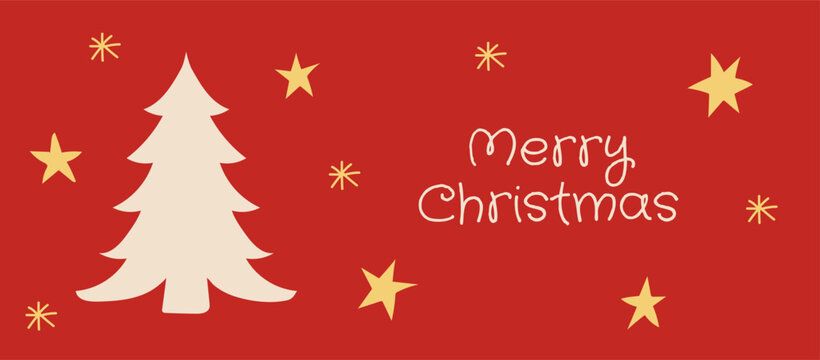 Hand drawn Merry Christmas banner horizontal web header template. Minimal retro festive illustration featuring Christmas tree, stars and typography for holiday background.