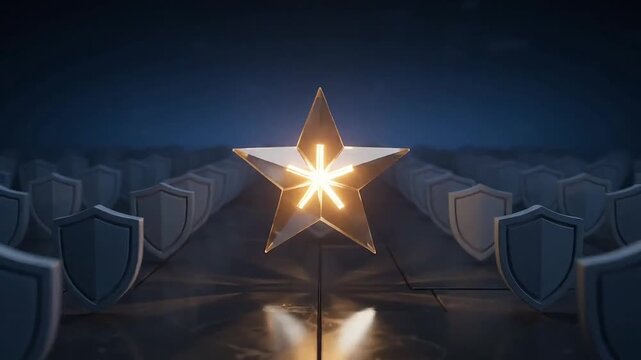 Glowing crystal star levitating above dark floor with security shields