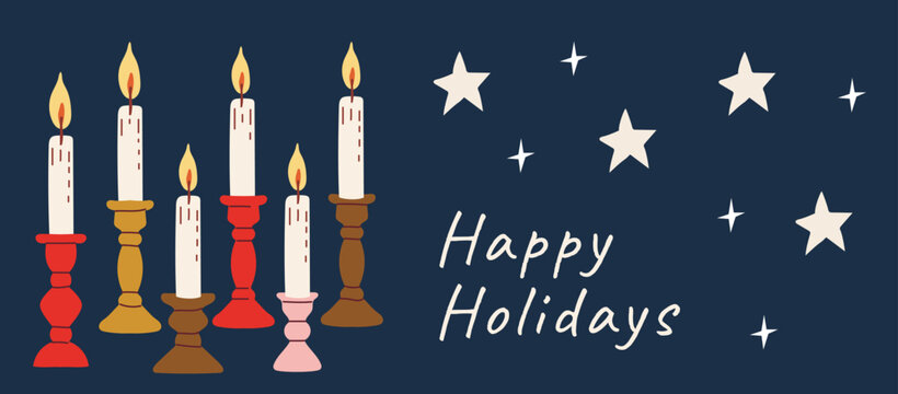 Whimsical hand drawn Christmas holiday banner with glowing candles, stars and happy holidays lettering. Retro folk art vector design for seasonal greeting cards and festive decor