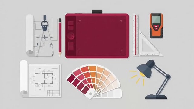Architectural tools vector animation flat lay drawing workspace setup