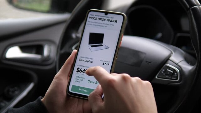 Shopper uses a smartphone price tracker to detect a laptop discount, highlighting smart shopping, real-time price monitoring, savings and digital consumer technology.