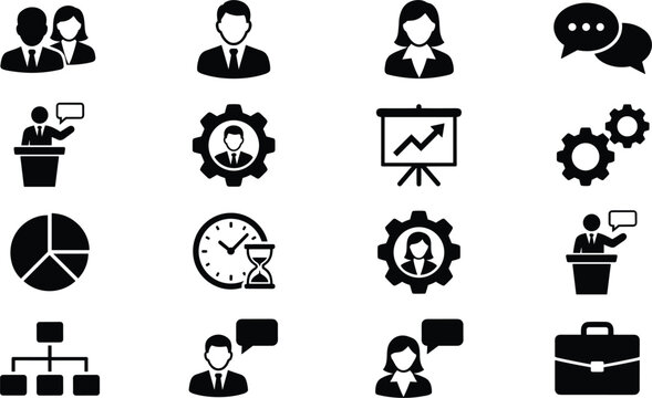 Business management and corporate human resources black silhouette icon bundle set for office teamwork workflow organization