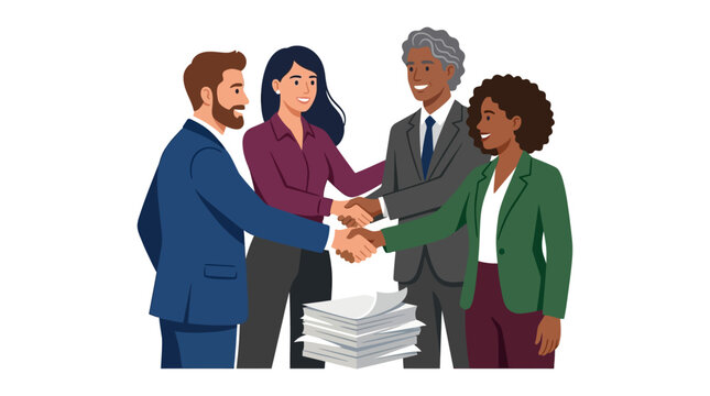 Diverse multicultural business team shaking hands over document stack celebrating partnership flat design vector illustration