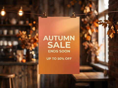 Autumn sale announcement hanging poster with clips in cozy rustic coffee shop setting featuring warm lighting and blurred shelves for seasonal event promotion.