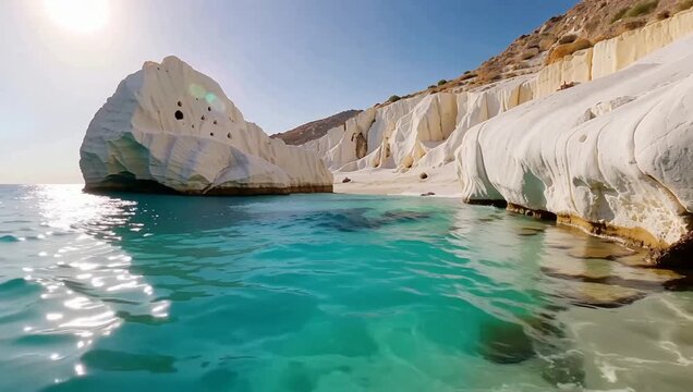 White volcanic chalk cliffs and turquoise cove water at Sarakiniko Beach Milos Greece.