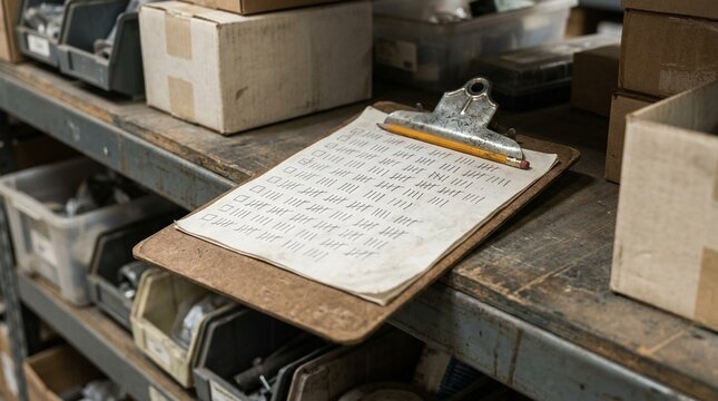 Clipboard holding stock count tally sheet on warehouse shelf, inventory management and stocktaking