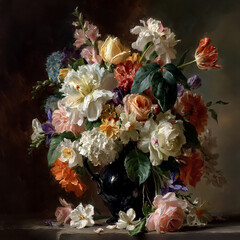 Fototapeta premium Still life oil painting portraying a vibrant floral bouquet with various flowers arranged in a dark, classic vase, featuring a rich texture