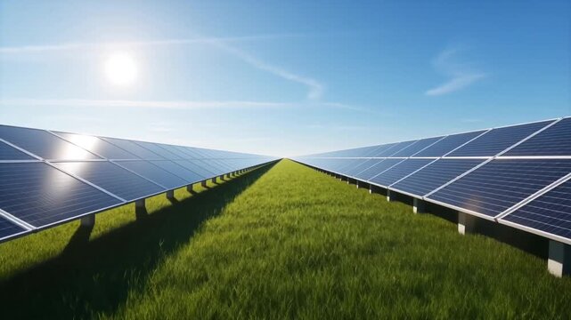 A vast expanse of solar panels stretches across a lush green field under a clear blue sky with the sun shining brightly, illustrating a sustainable energy future.