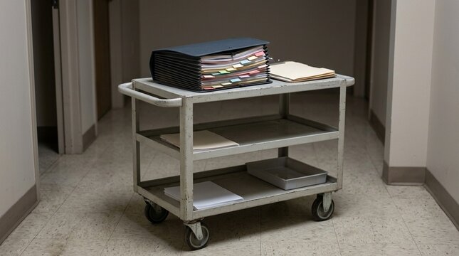 Transition folder resting on rolling cart, handoff documentation and workflow management