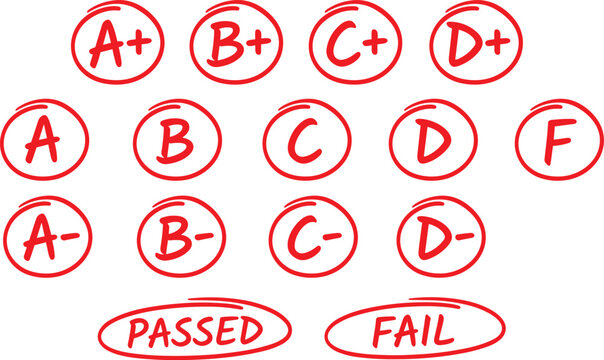 Handwritten academic grading symbols, letter grades, score percentages, passed and fail marks, checkmarks and evaluation elements, vector illustration