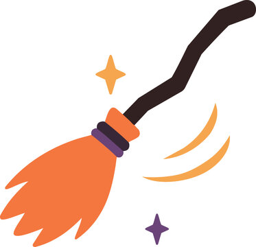 Orange witch broom with sparkles, Halloween vector illustration