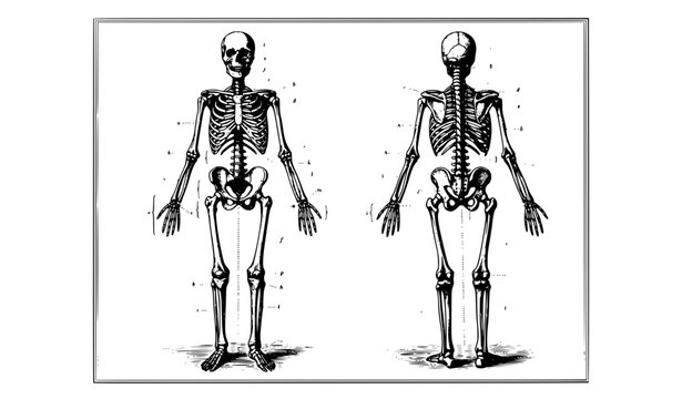 Human Skeleton Front and Back Vintage Anatomical Engraving Vector Illustration