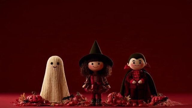 Set of animated cartoon Halloween characters, including a witch, Dracula, and a dancing witch, on a red background.