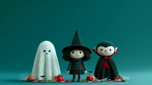 Set of animated cartoon Halloween characters, including a witch, Dracula, and a dancing witch, on a green background.