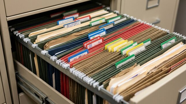 Office cabinet stocked with labeled folder tabs, organized filing and document storage