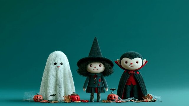 Set of animated cartoon Halloween characters, including a witch, Dracula, and a dancing witch, on a green background.