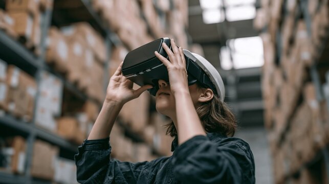 Woman wearing virtual reality headset exploring warehouse shelves, representing modern technology, industrial innovation, and future logistics