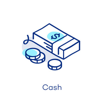 Linear cash icon in isometric view, featuring a decorative curved line with a colorful accent. Symbol representing money, finance, budget and payment.