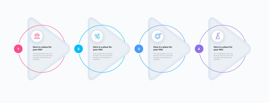 Four-step horizontal process infographic template with arrow-shaped steps, icons, and text labels. Clean layout for business workflows, presentations, timelines, and process visualization.