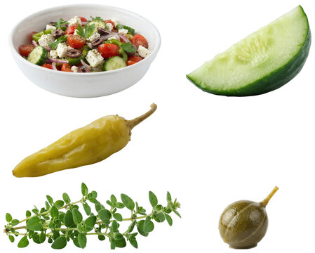 A set of fresh Greek salad ingredients and a serving bowl arranged for Mediterranean cuisine presentation.