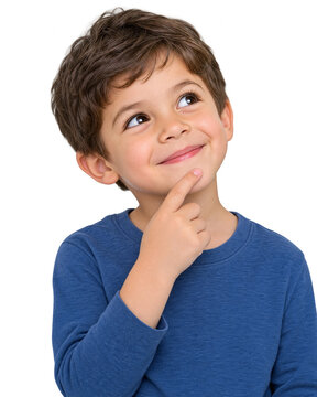 Thoughtful little boy looking up isolated on transparent background for thinking curiosity and kids ideas