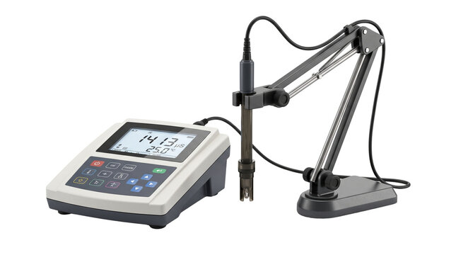 Digital pH meter with electrode arm, electronic laboratory water tester, scientific chemistry equipment isolated on white background
