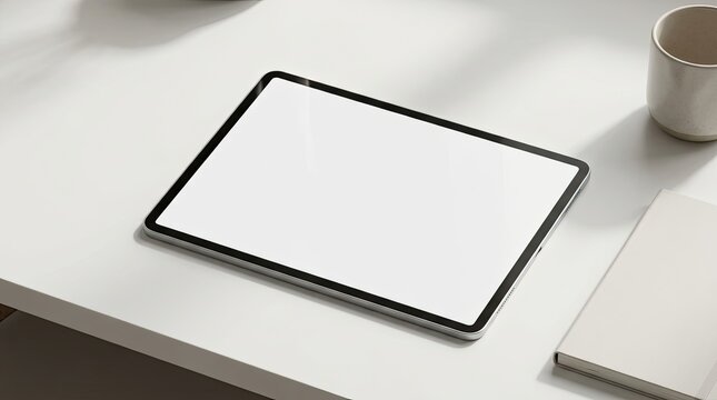 A modern, sleek tablet with a blank white screen on a white desk with a coffee mug and a book.